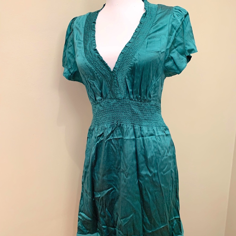 BCBG MaxAzria Teal Satin Cap Sleeve Tea Dress
